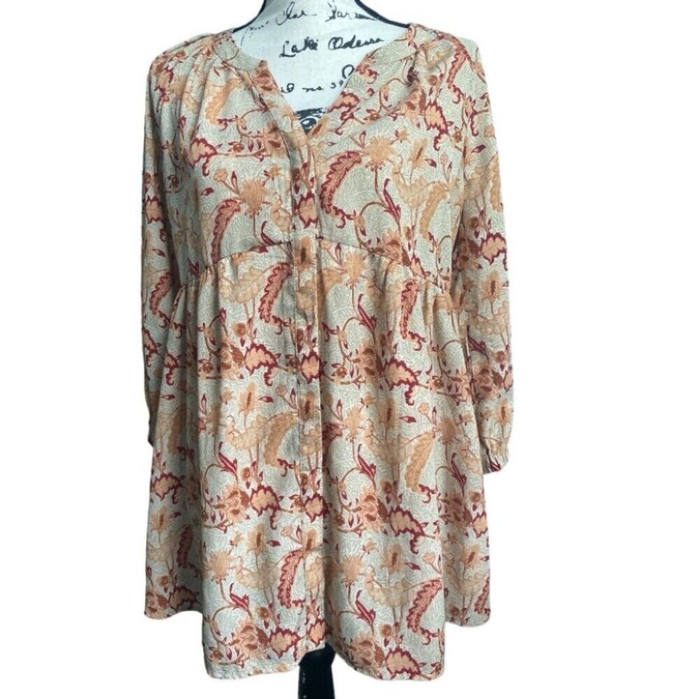 MELLODAY Red Tan Floral Paisley Babydoll Mini Tunic Dress Prairie Cottagecore M